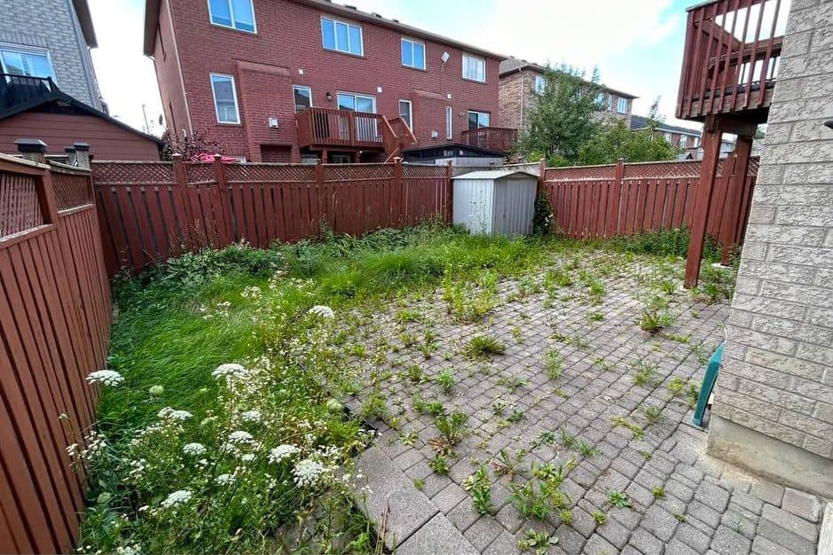 A block-paved patio and garden before work, overgrown with long grass and self-seeded plants growing through the paving.